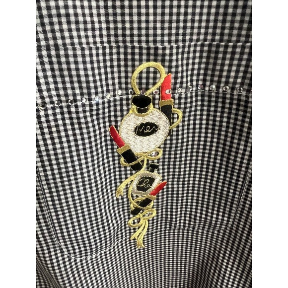 Vtg Mili Designs Button Down Shirt Black White Embellished Patches Womens Large - Picture 5 of 7